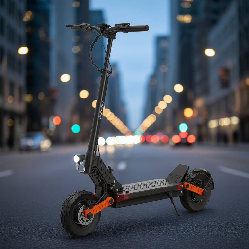 Joyor S10-S-Z electric scooter featuring dual motor power, durable off-road tires, suspension system, and high-performance city mobility.