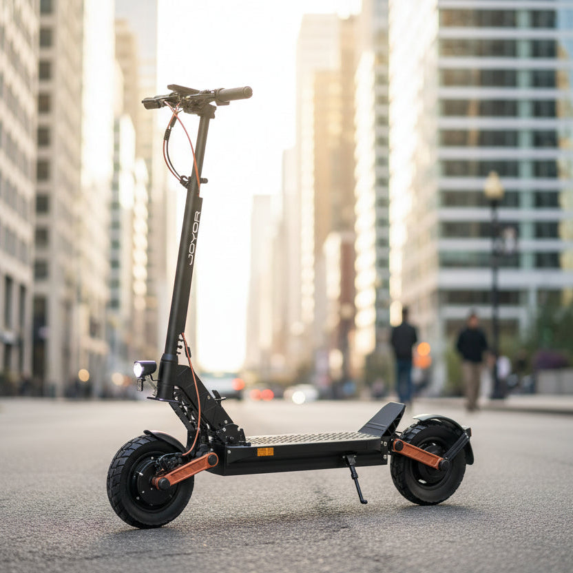 Joyor S5 ABE electric scooter with all-terrain tires and reliable city riding performance.