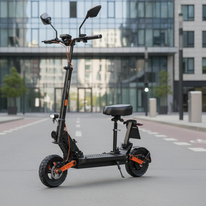 Joyor S8E EEC electric scooter featuring a comfortable seat, durable off-road tires, suspension system, and reliable urban mobility.