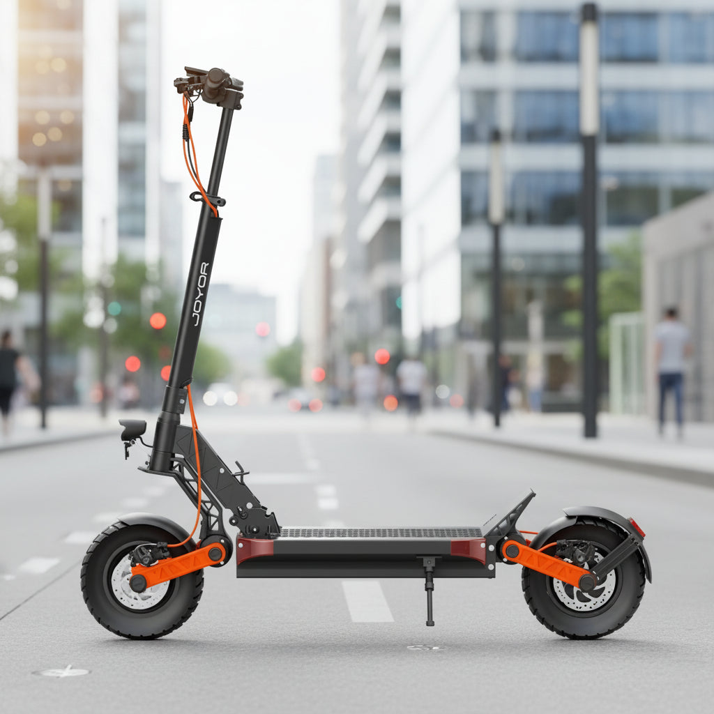 Joyor S8 electric scooter with all-terrain tires and advanced suspension system for city riding.