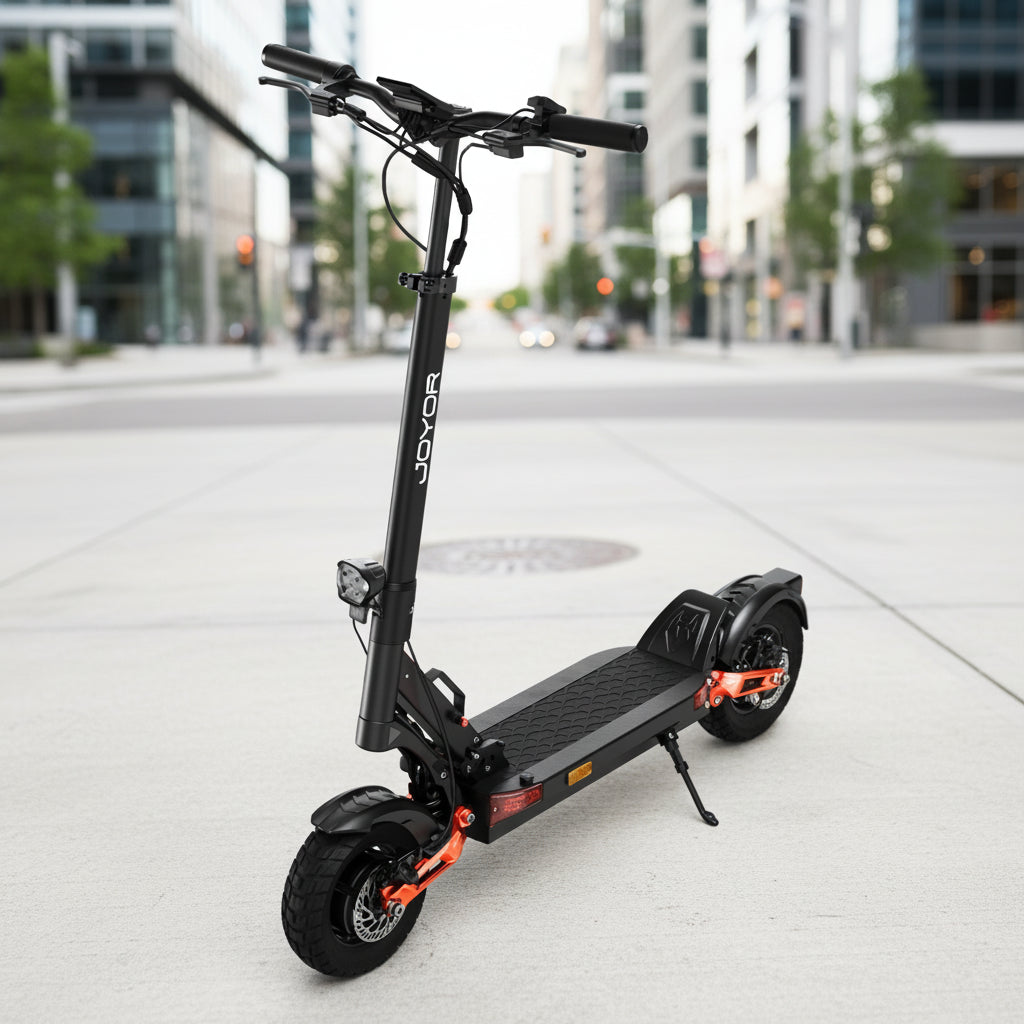 Joyor T-Pro DGT electric scooter featuring durable construction, off-road tires, front suspension, and smooth city riding experience.