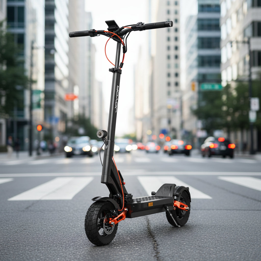Joyor T6E ABE electric scooter featuring powerful performance, all-terrain tires, front suspension, and reliable urban mobility.