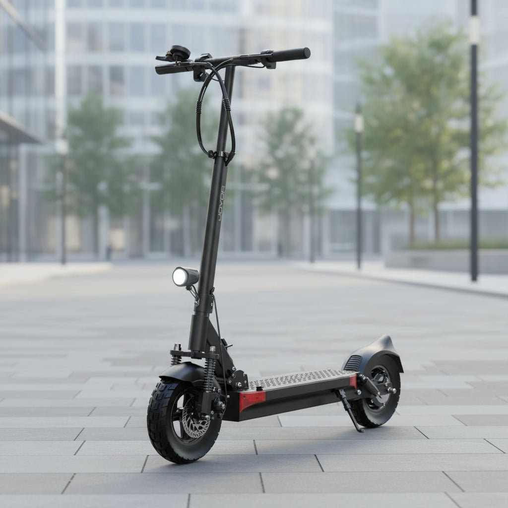 JOYOR Y6-S electric scooter for adults parked on a modern city street, featuring a sleek design and reliable urban commuting performance.